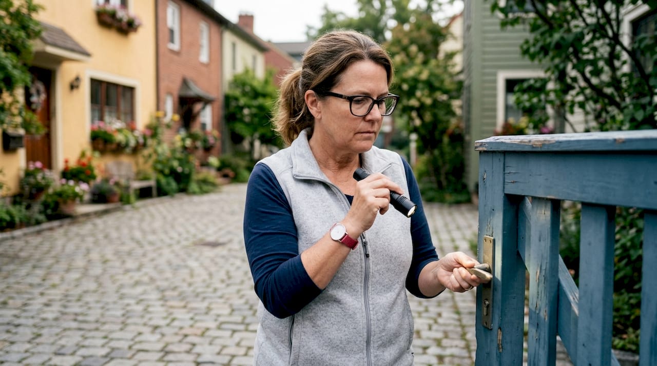 Une femme examine un emplacement de parking privé à l’extérieur.