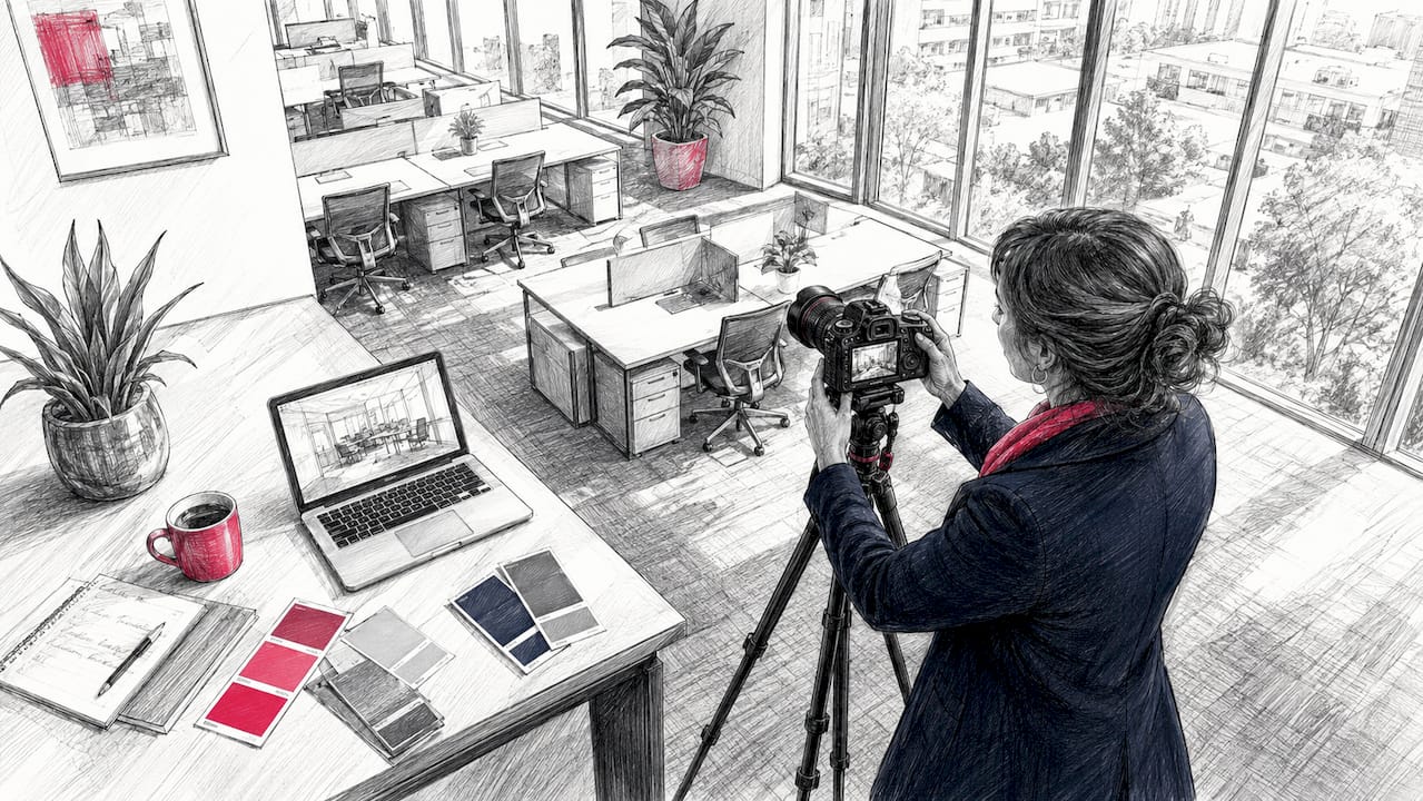 Un agent immobilier en pleine séance photo d’un espace de bureaux