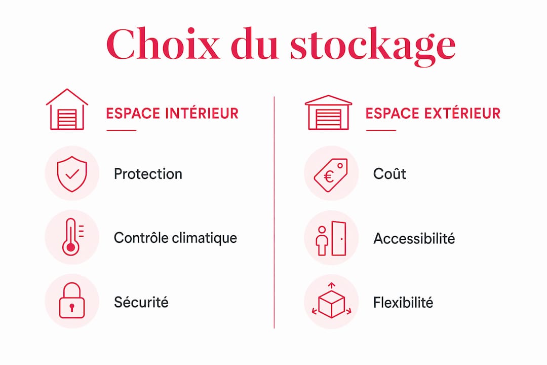Infographie mettant en parallèle les solutions de stockage en intérieur et en extérieur