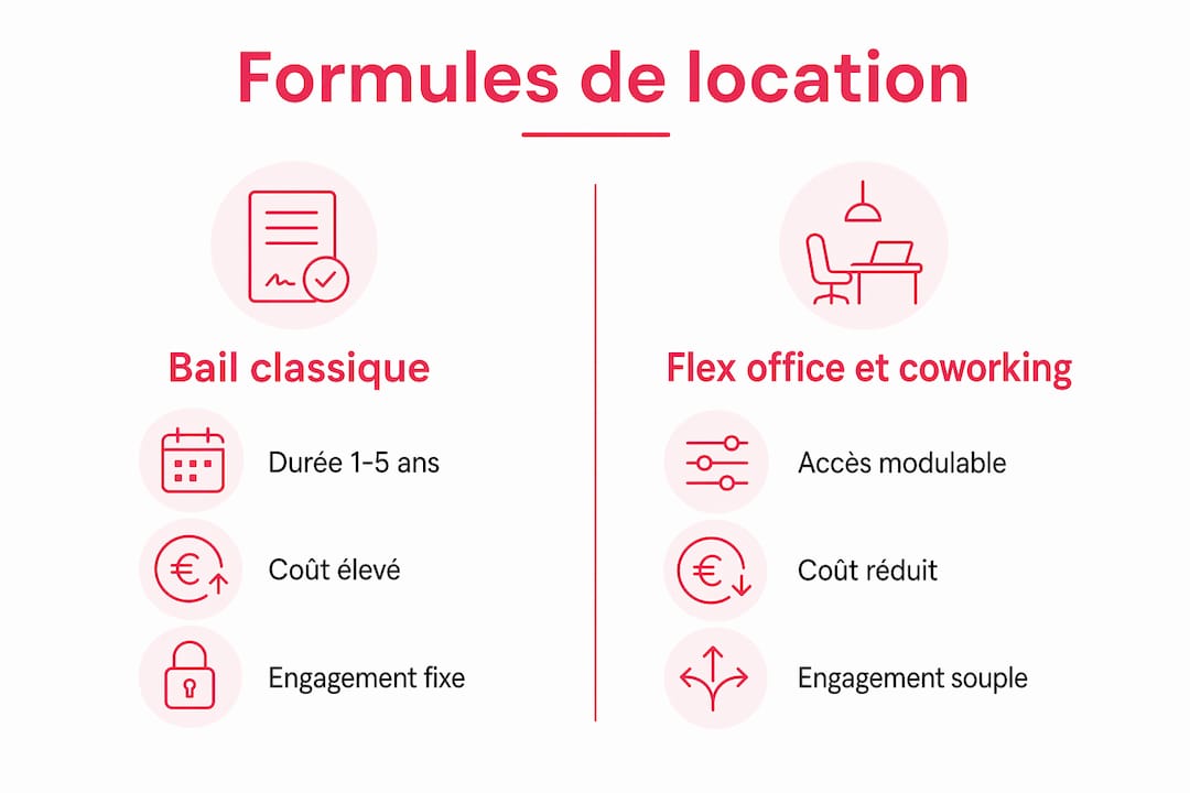 Visuel comparatif des contrats de location traditionnels et du flex office en Suisse