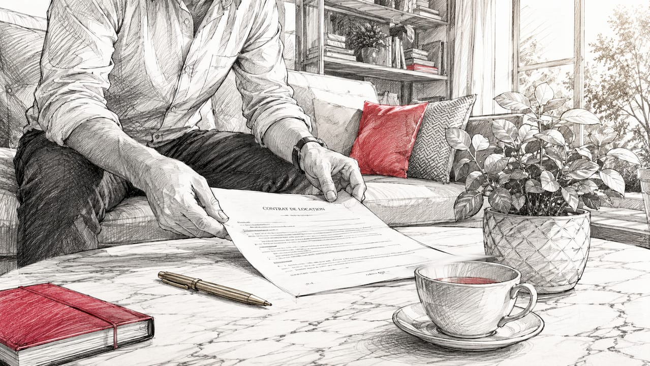Une personne en train de lire un contrat papier à son bureau.