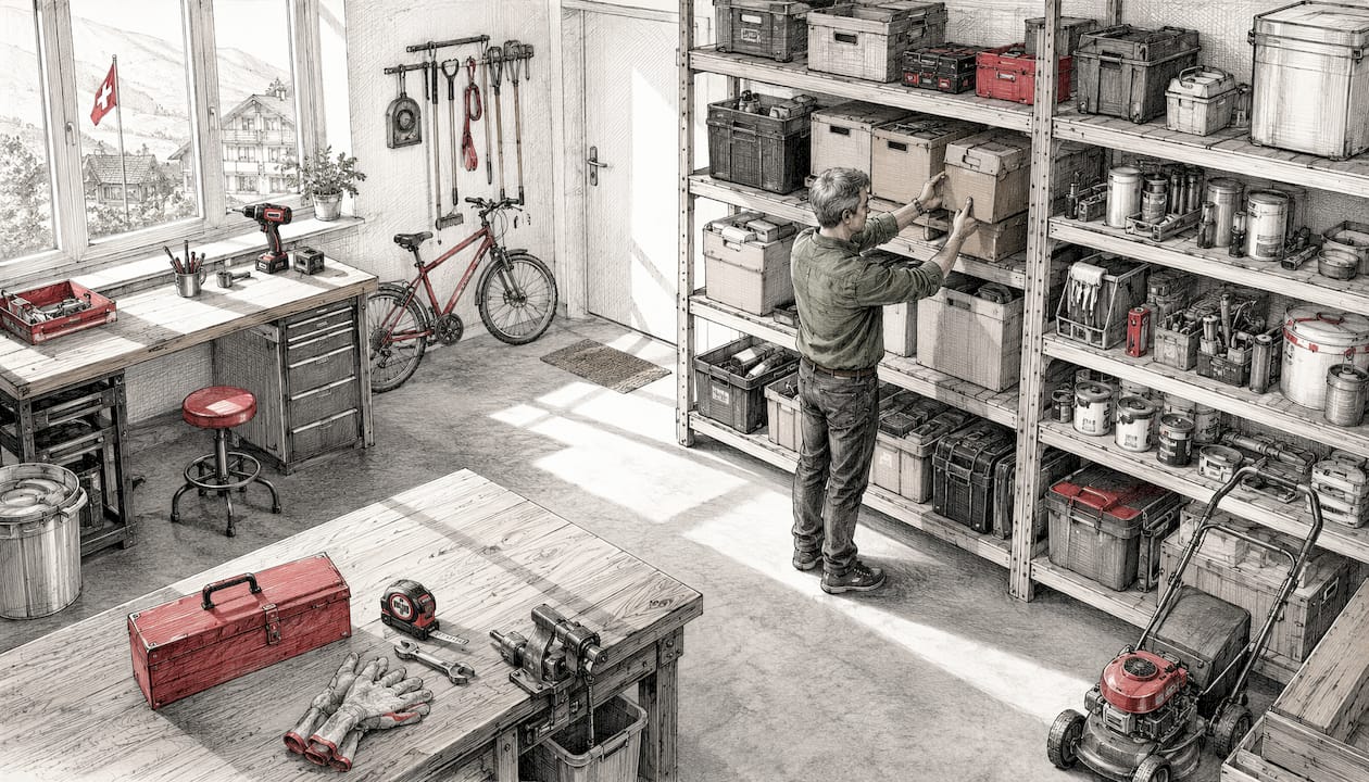 Un homme range des cartons dans sa cave.