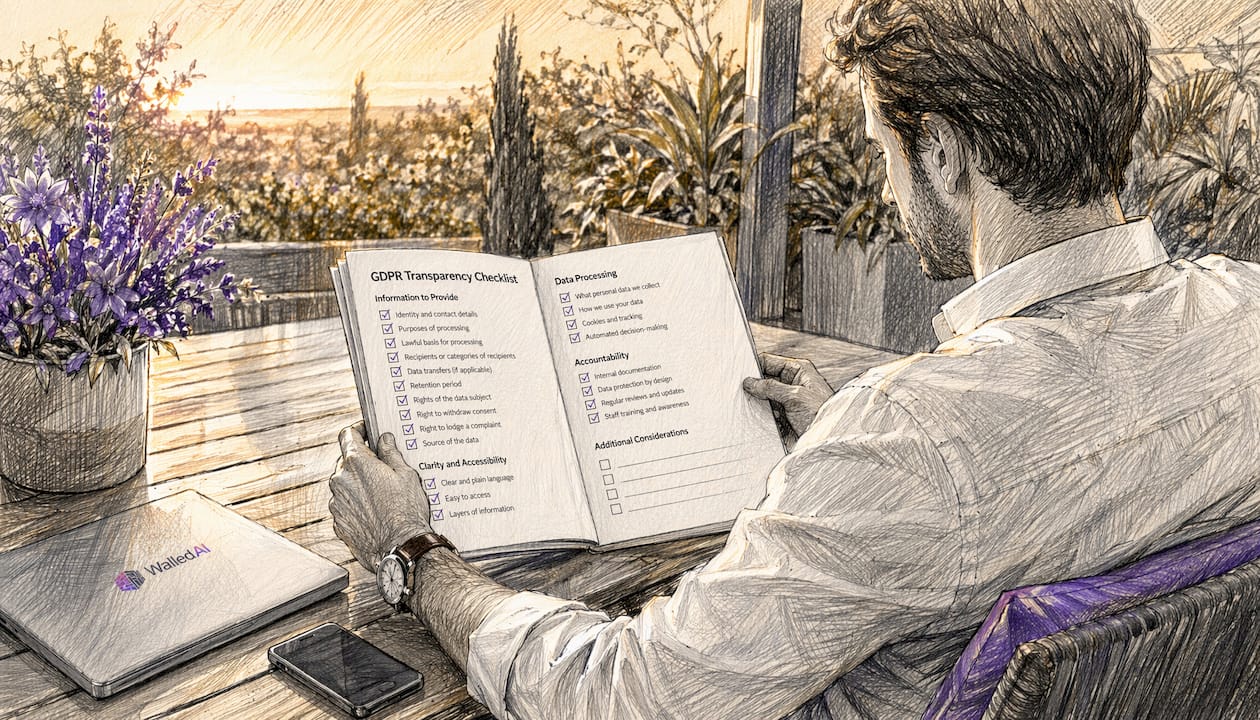 Hands typing beside GDPR AI transparency checklist