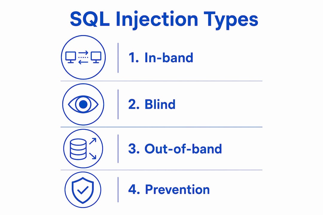 SQL Injection Attack Explained for IT Pros and Owners 3 Infographic illustrating main SQL injection attack types and prevention steps