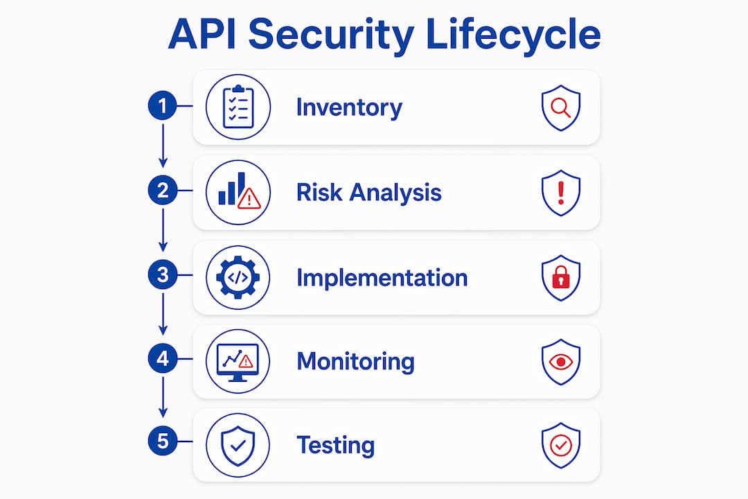 API Security for Ecommerce Platforms: 2026 Guide 3 Infographic illustrating ecommerce API security lifecycle steps