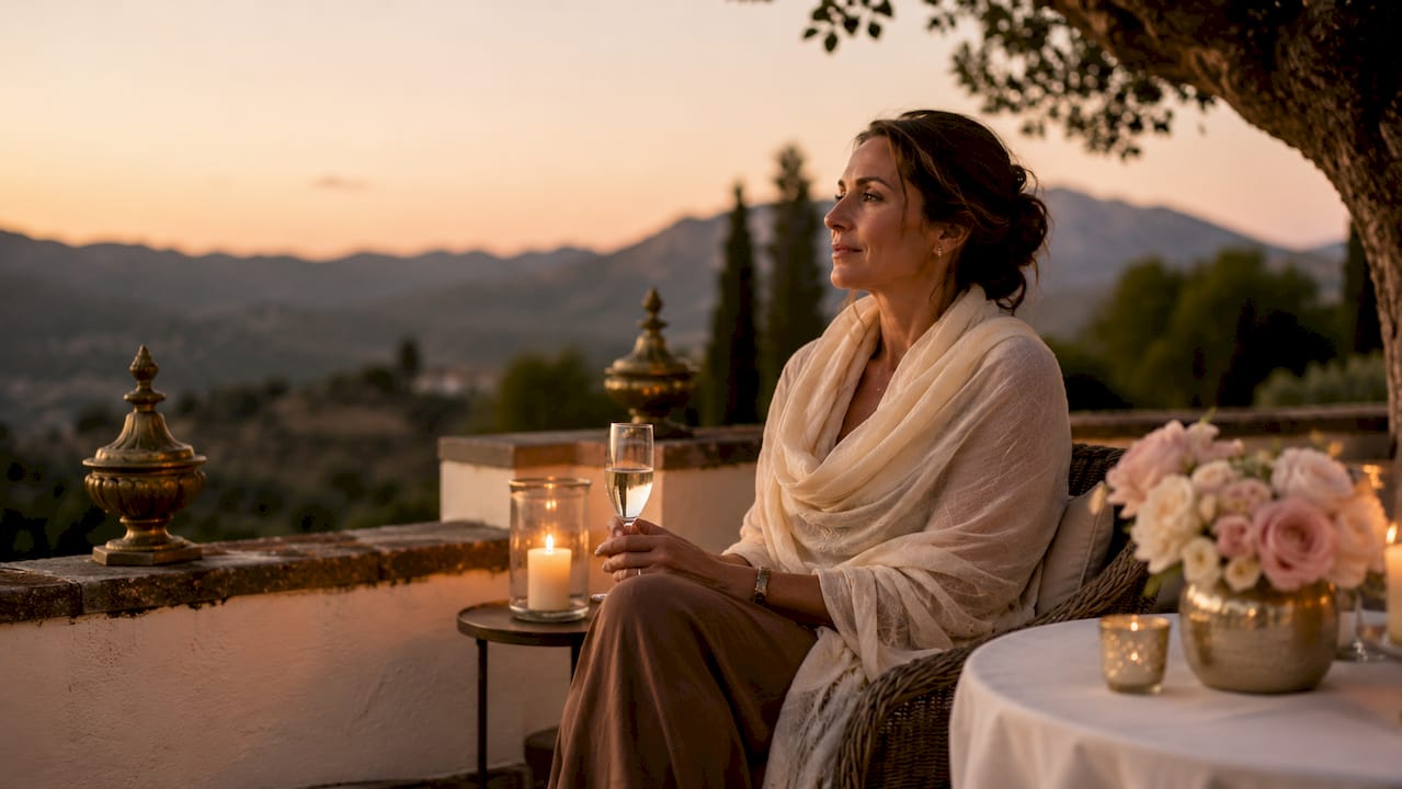 Guest enjoying mountain view at outdoor wedding