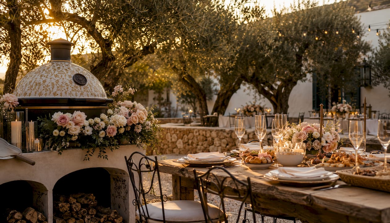 Live grill station with elegant wedding décor