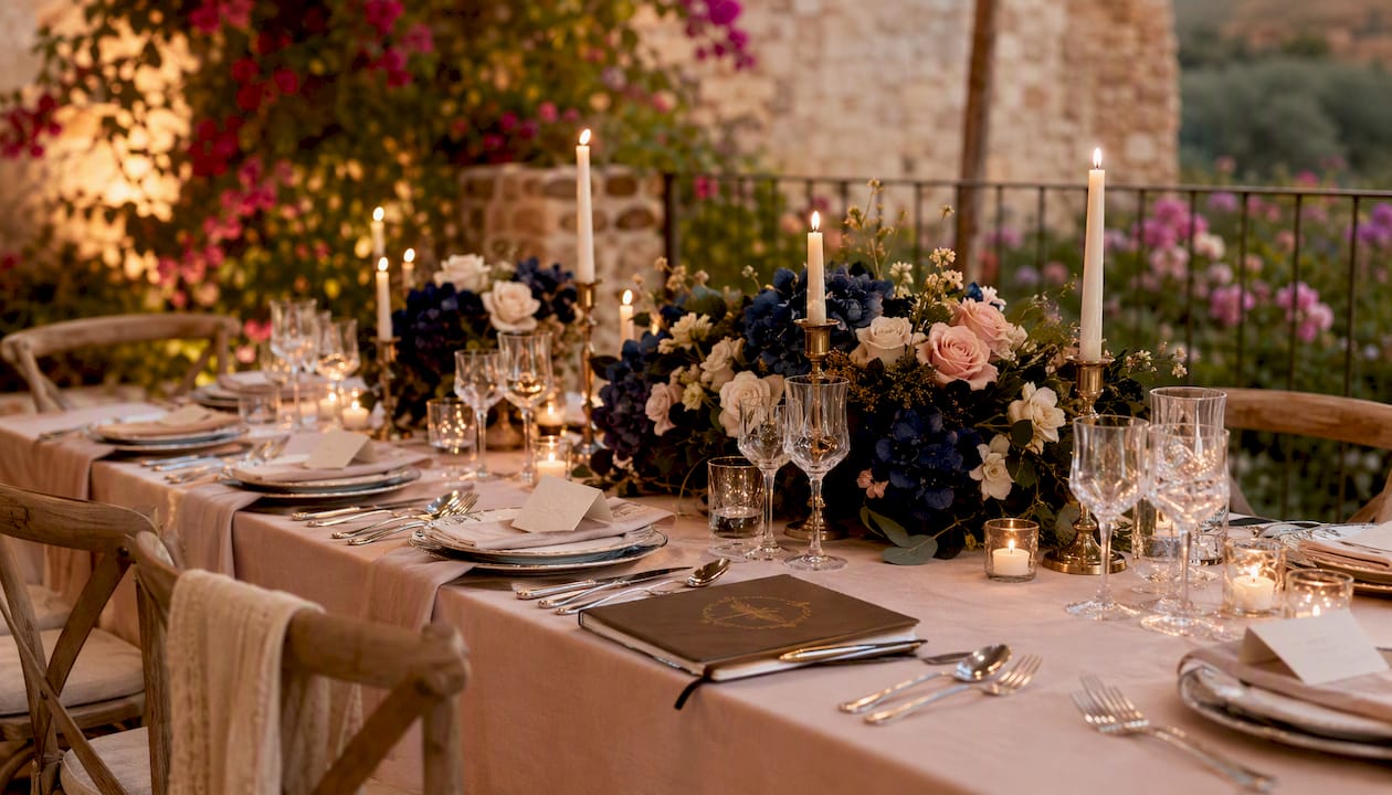 Fine dining table setup with antique gold and floral accents