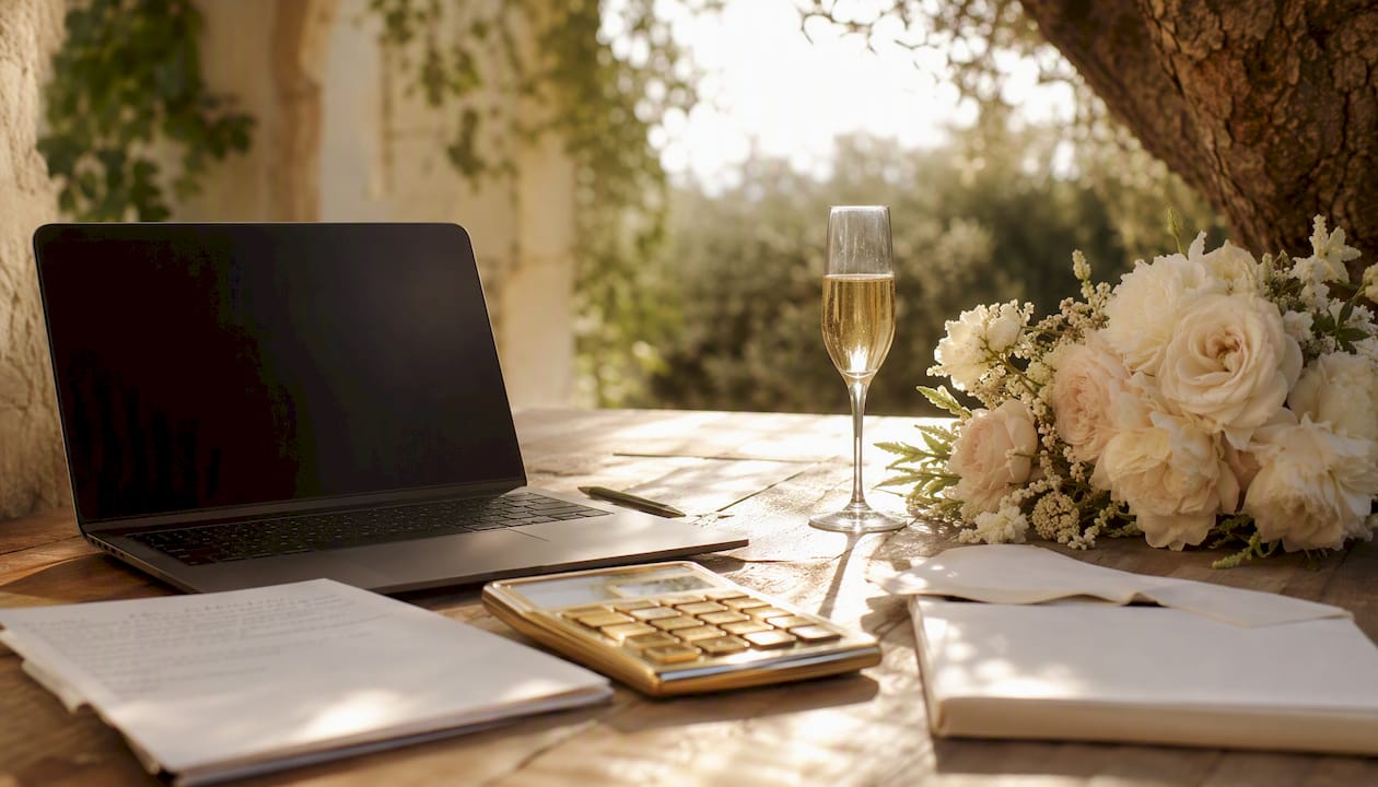 Wedding budget tools with calculator and champagne glass