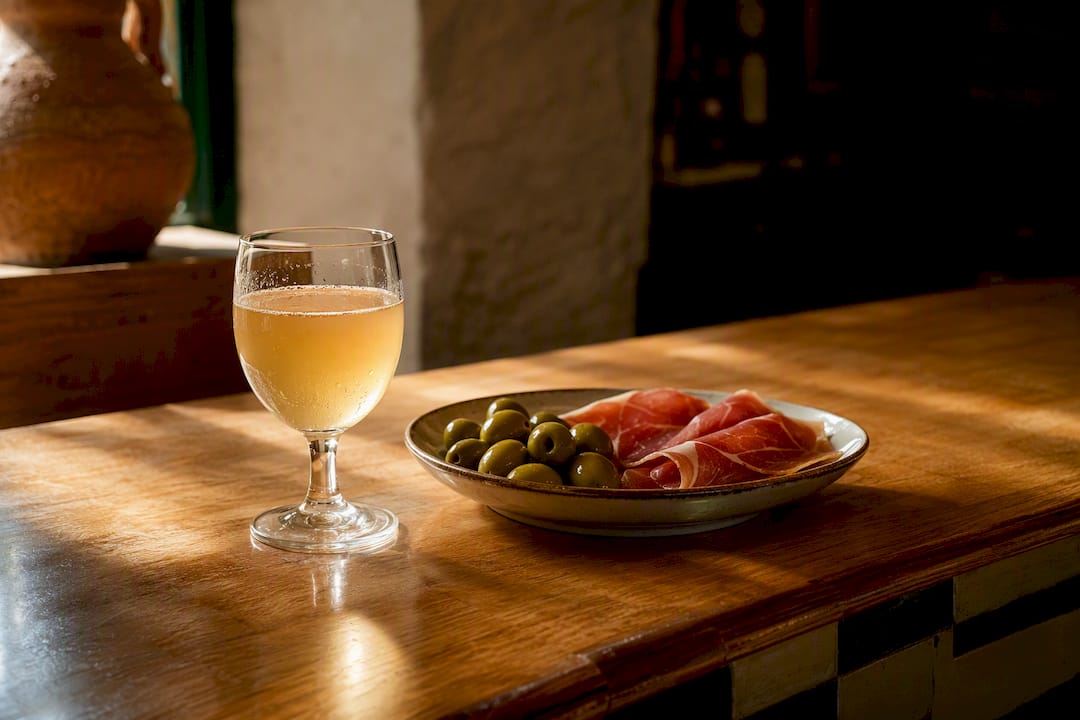 Chilled mosto served with olives and jamón
