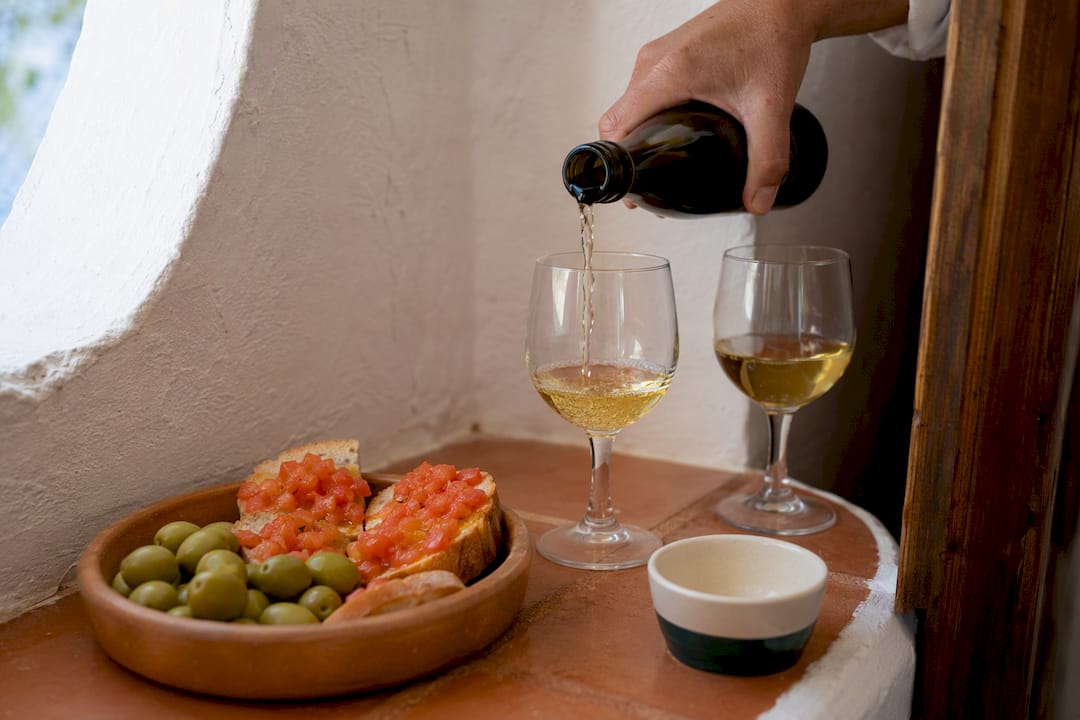Fino sherry served beside vegetarian tapas