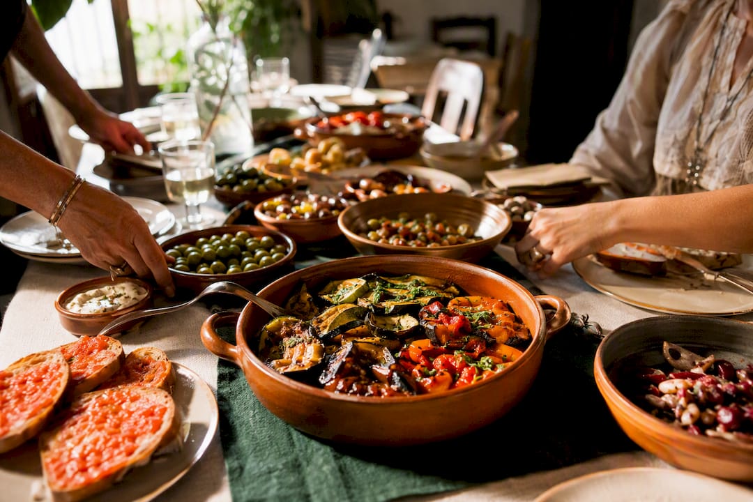 Vegetarian tapas spread prepared for sharing