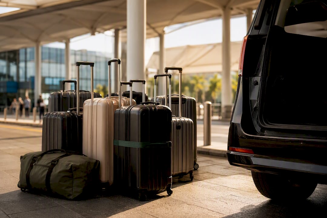 Luggage beside an airport transfer vehicle