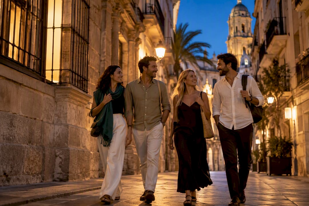 Friends walking through Málaga at blue hour