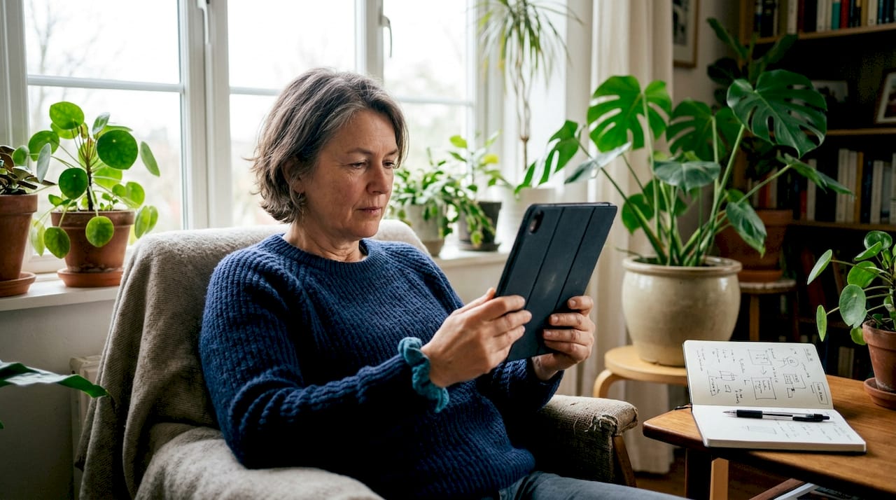 Thuis zit een vrouw op de bank terwijl ze haar energieverbruik bekijkt op haar tablet.
