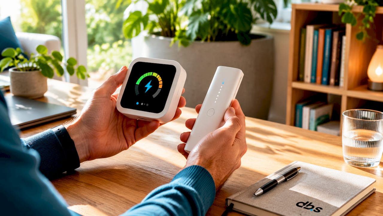 Een paar handen is bezig met het aflezen van de energiemeter en het instellen van de afstandsbediening.