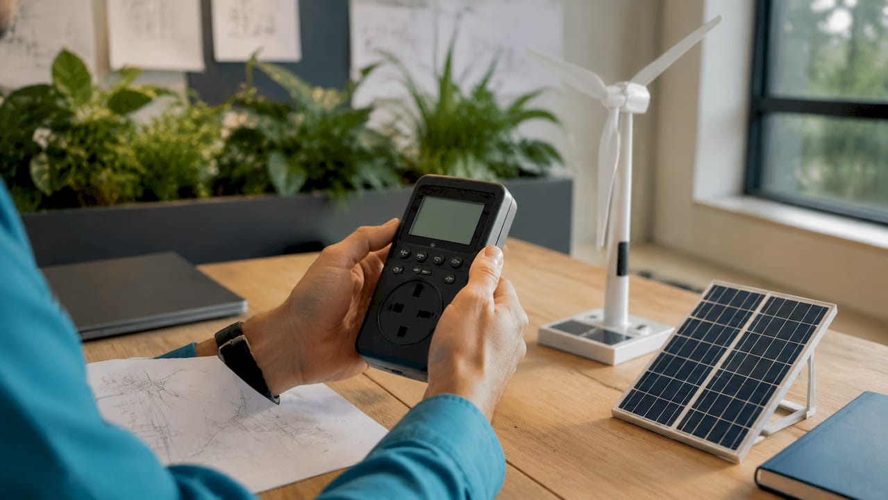 Handen die een energiemeter vasthouden, met een maquette van zonnepanelen erbij