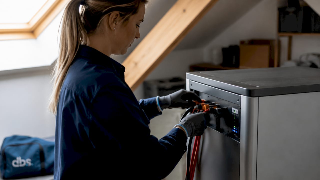 Een monteur sluit de kabels aan op een thuisbatterij.