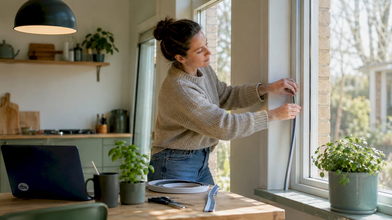 Een vrouw brengt isolatiemateriaal aan op het raam in de woonkamer.