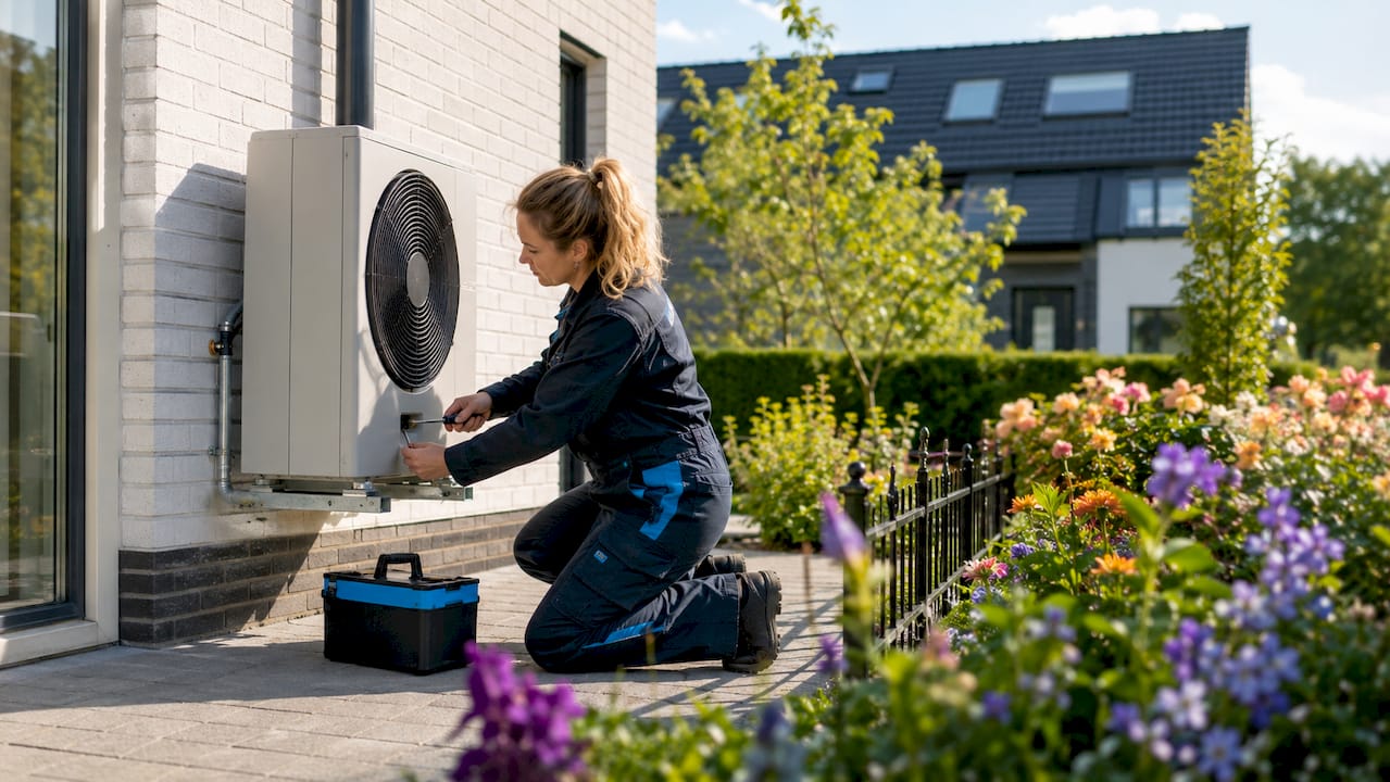 Een monteur plaatst een warmtepomp buiten het huis.