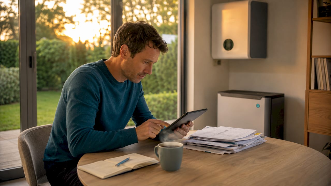 Een man onderzoekt hoe hij zijn energieverbruik kan optimaliseren met een warmtepomp en een thuisbatterij.