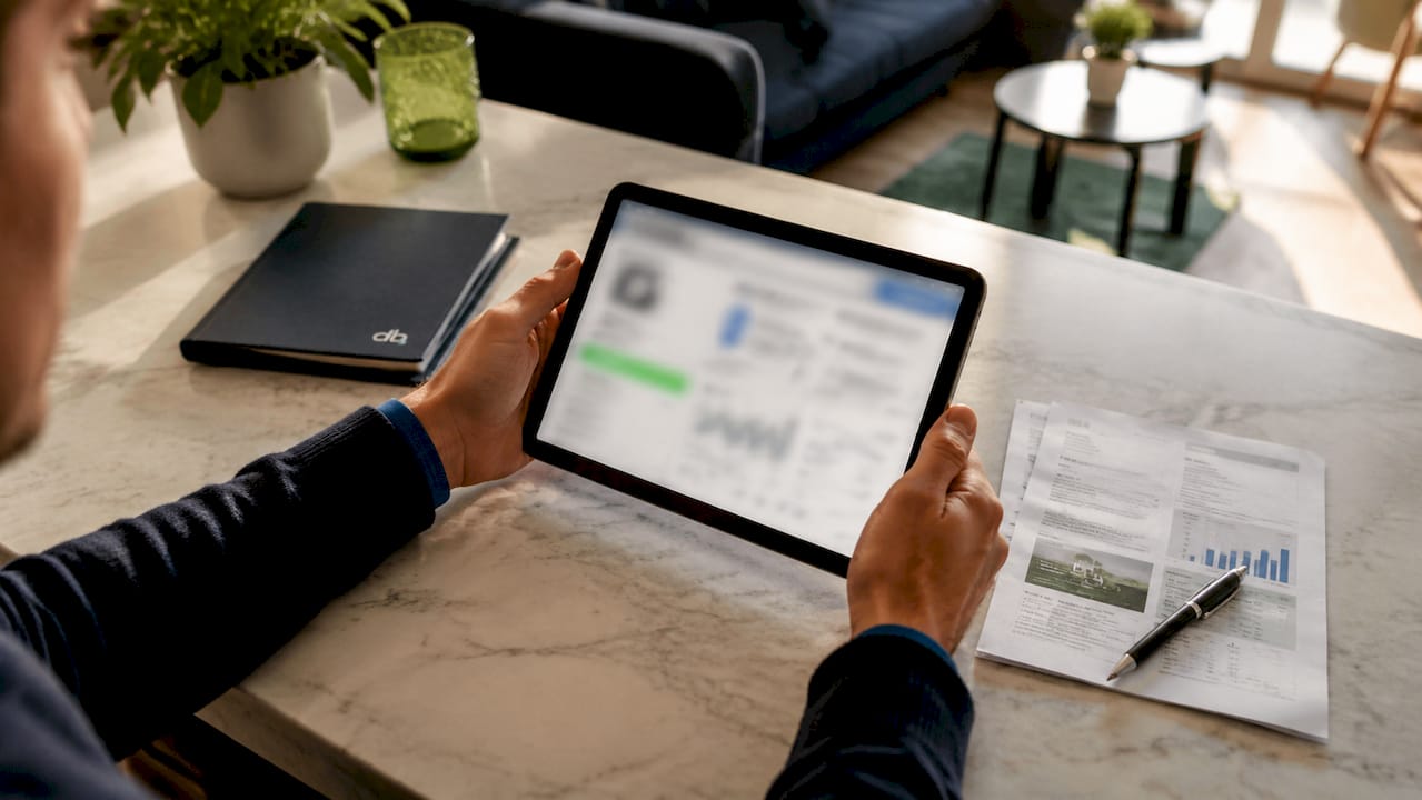 Een persoon bekijkt op een tablet een overzicht van energieprijzen voor een variabel contract.