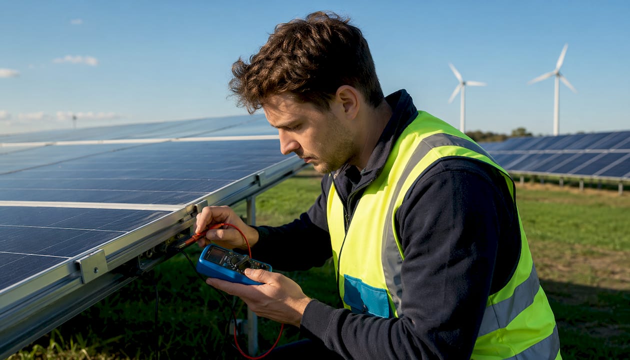 Een monteur controleert de apparatuur van een geïntegreerd energiesysteem.