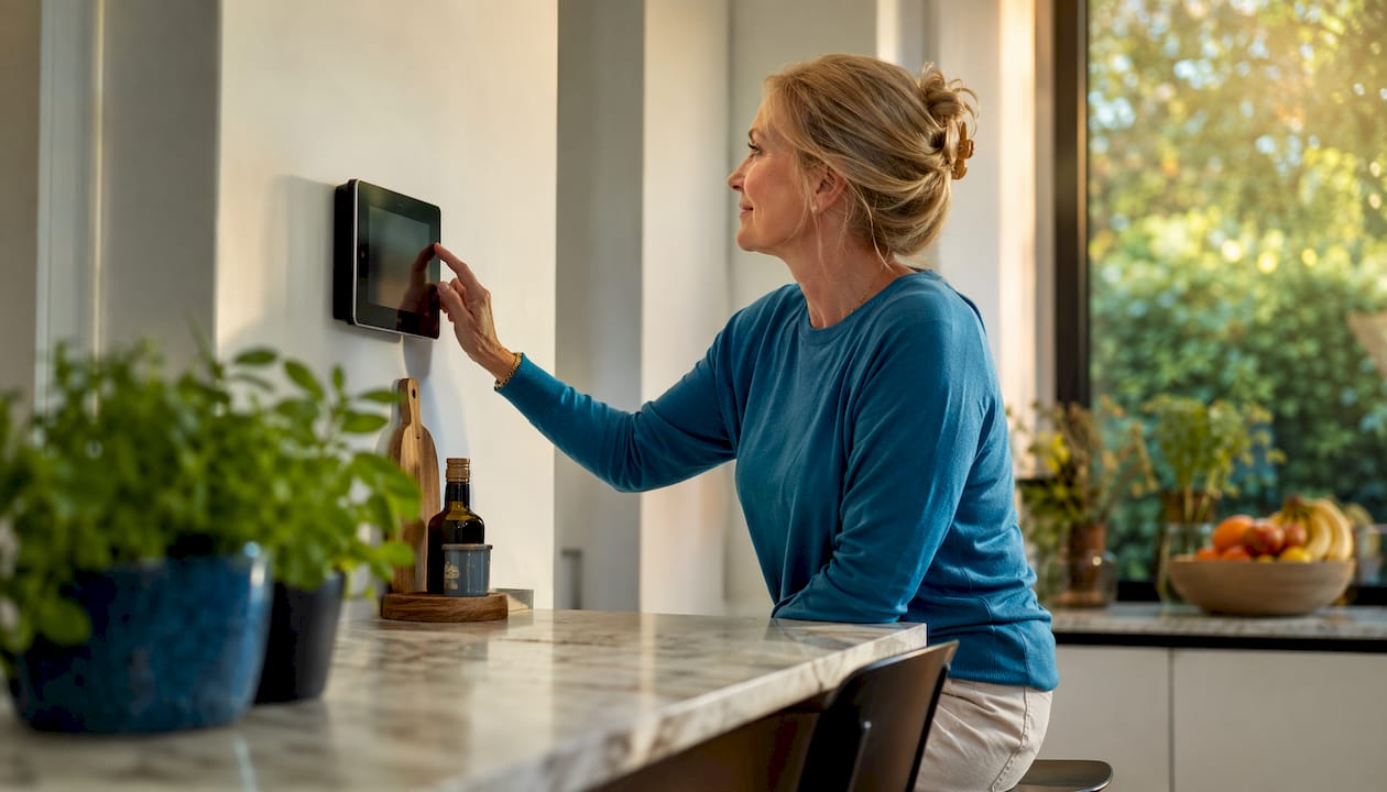Een oudere dame bedient haar tablet om het energieverbruik in huis eenvoudig te beheren.