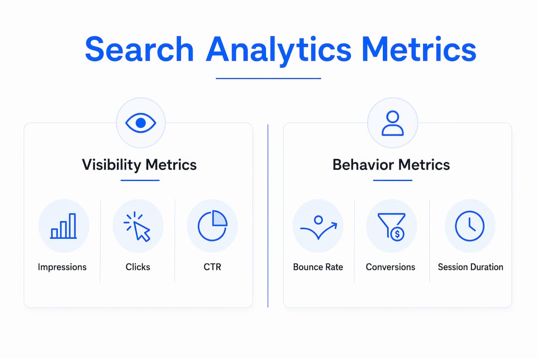 Infographic comparing search analytics visibility and behavior metrics