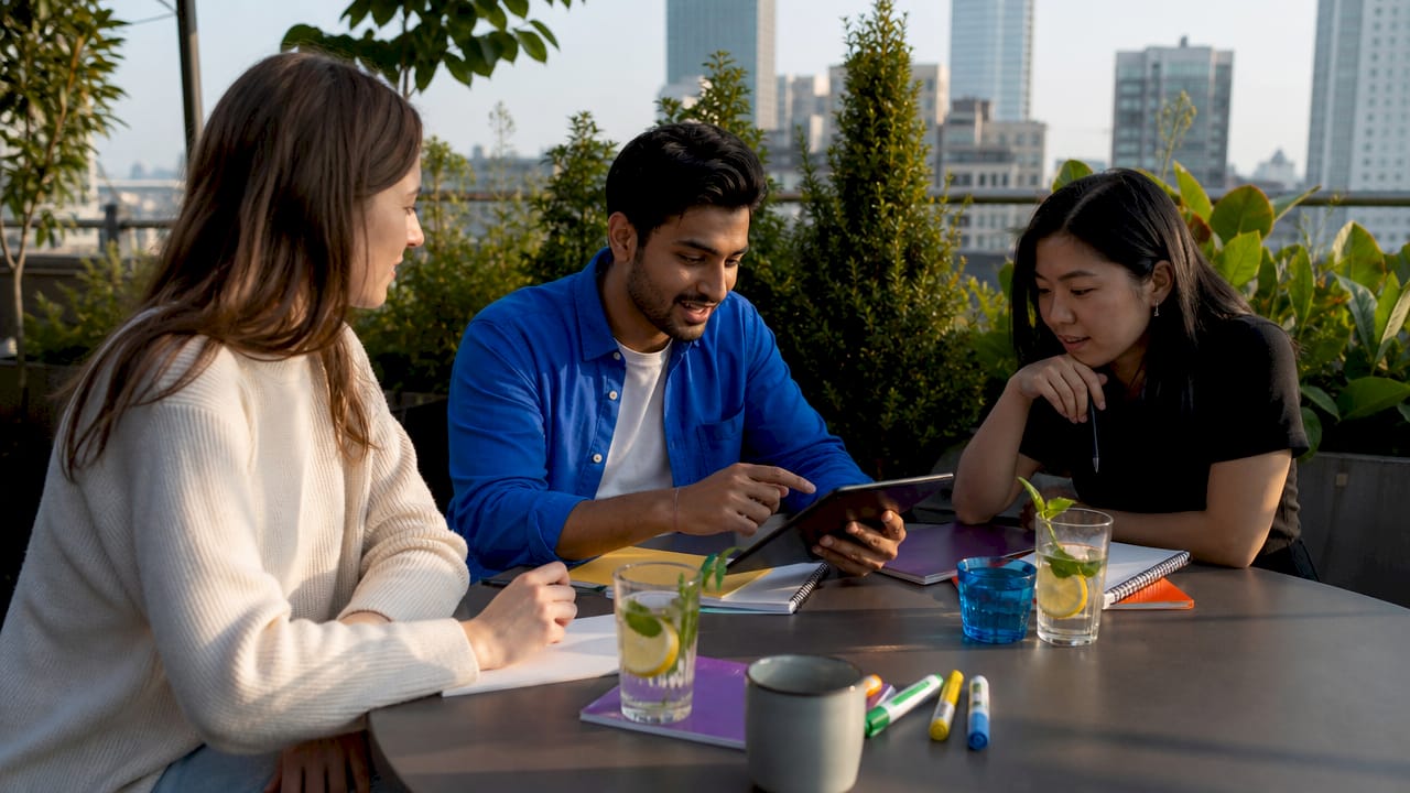 Content marketing team discussing content performance metrics