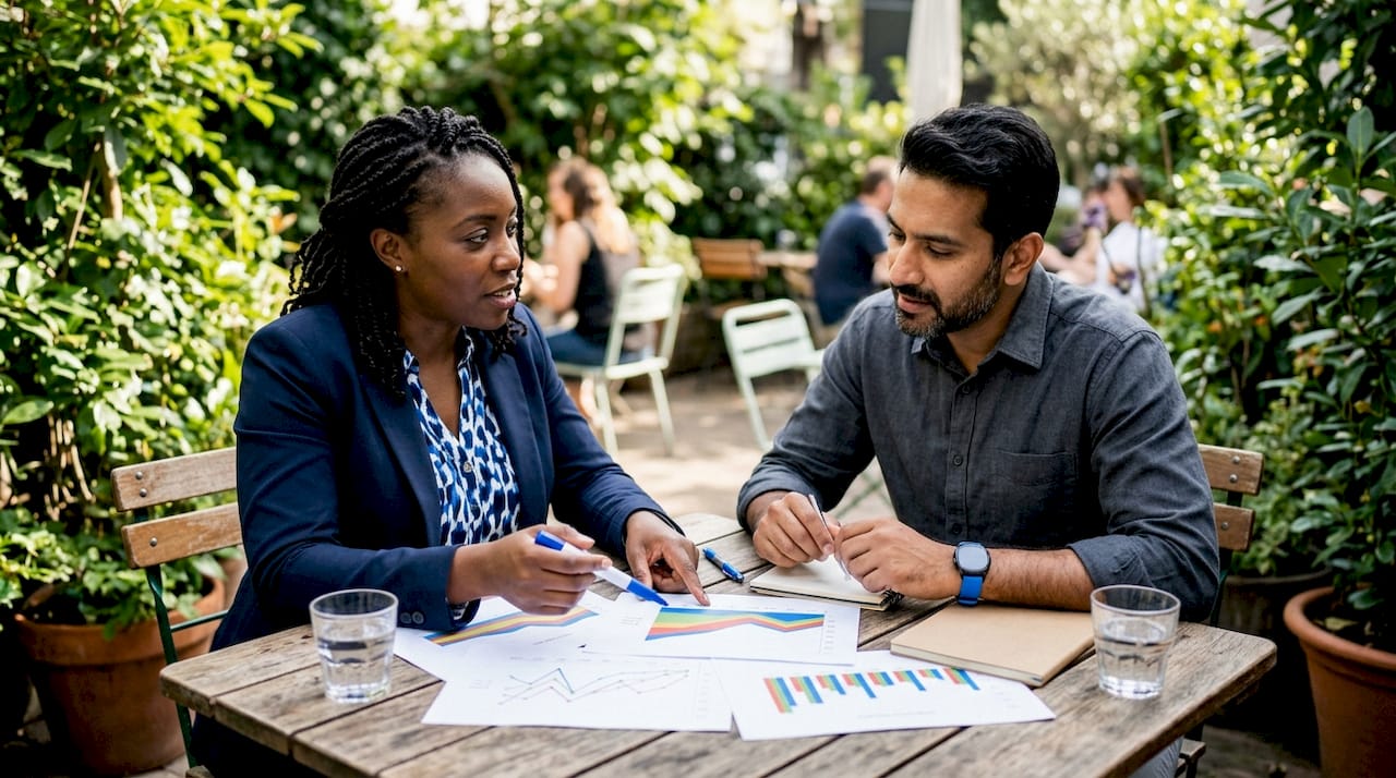 Two colleagues discussing search data charts in meeting