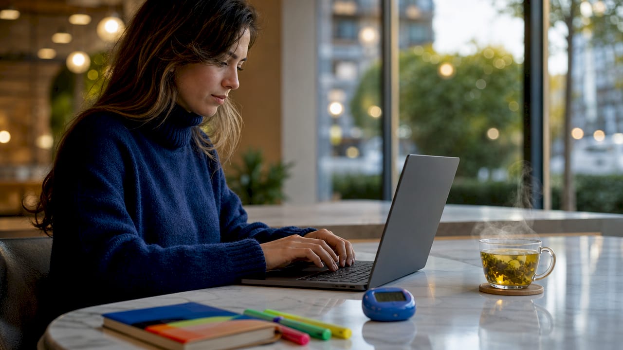 Hands typing laptop in calm home office