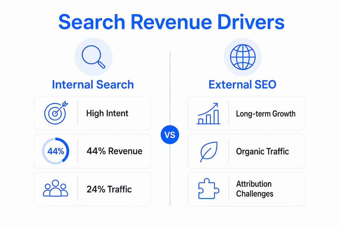 Infographic comparing internal site search and external SEO revenue drivers