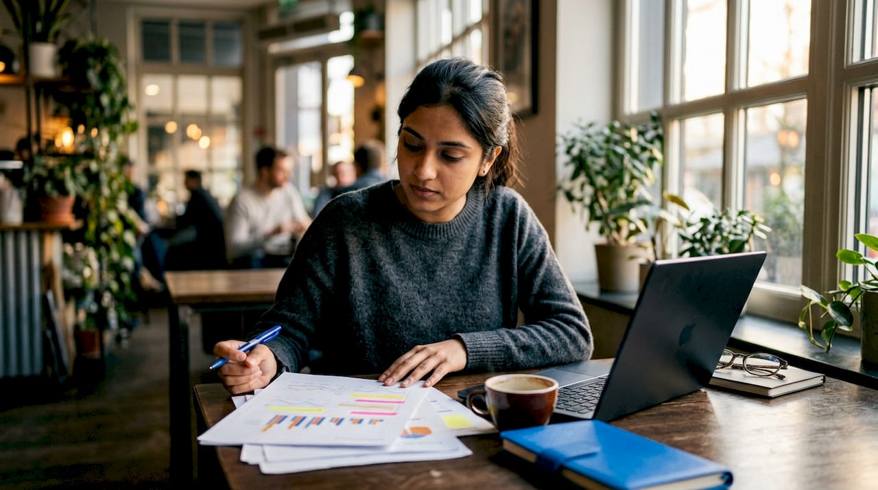 Woman analyzing search query printout