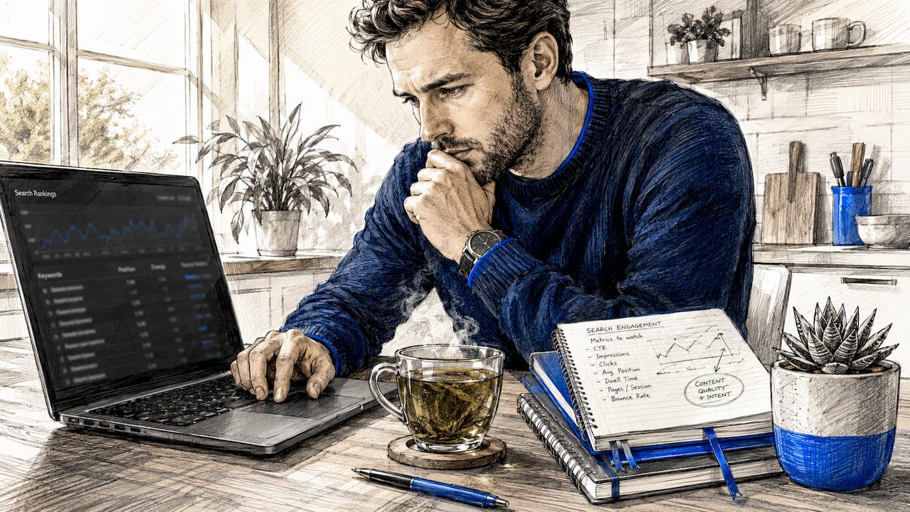 Man analyzing search ranking data at desk