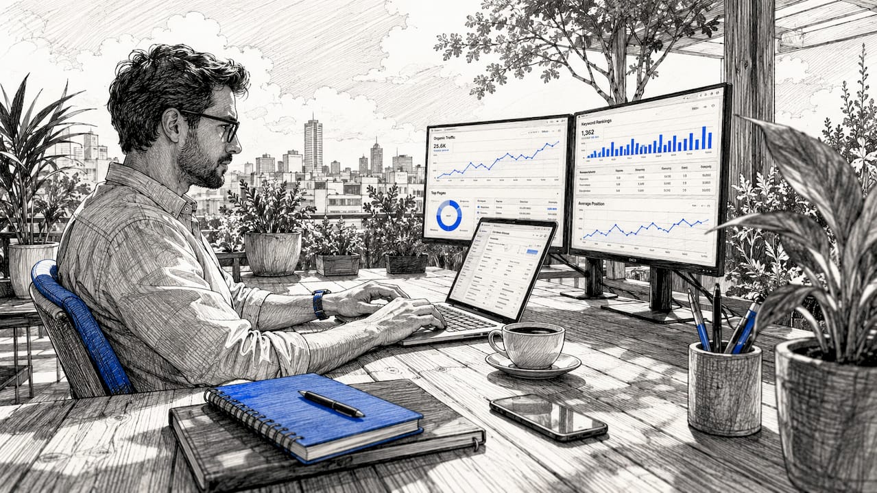 SEO analyst typing on laptop with analytics screens