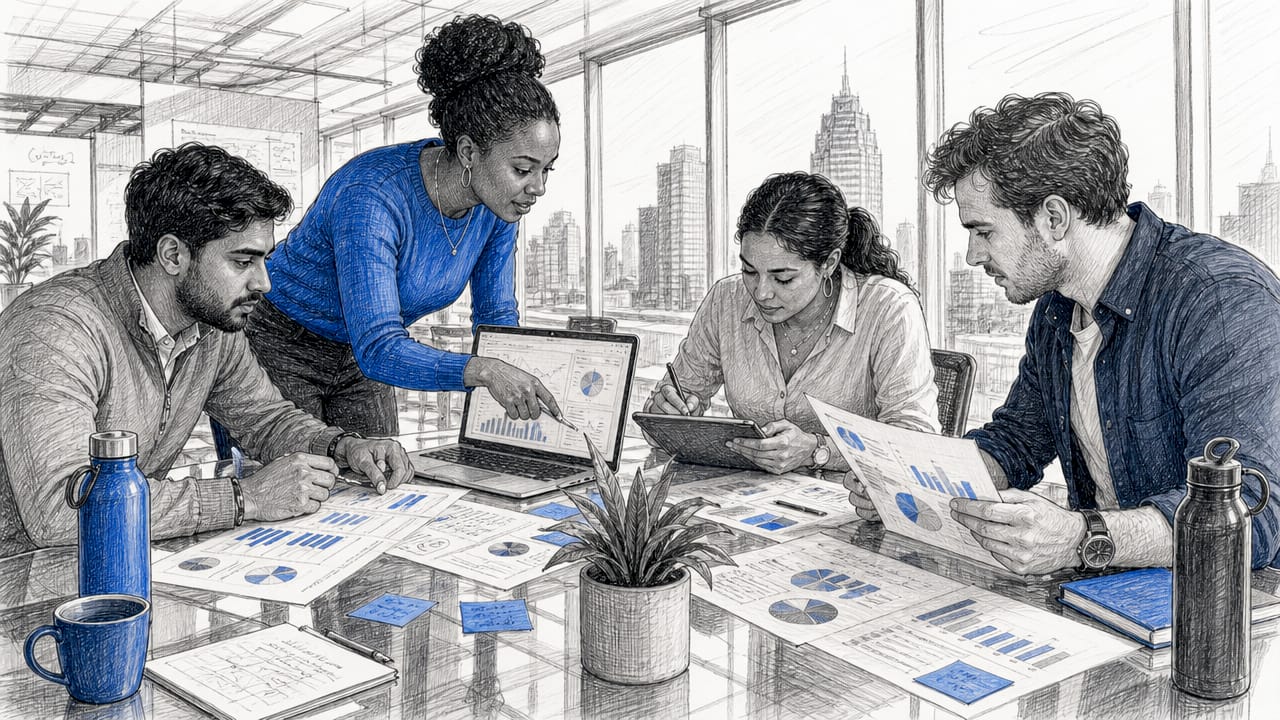 Team collaborating on search analytics data in office