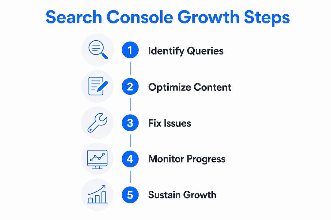 Infographic showing steps for search console growth