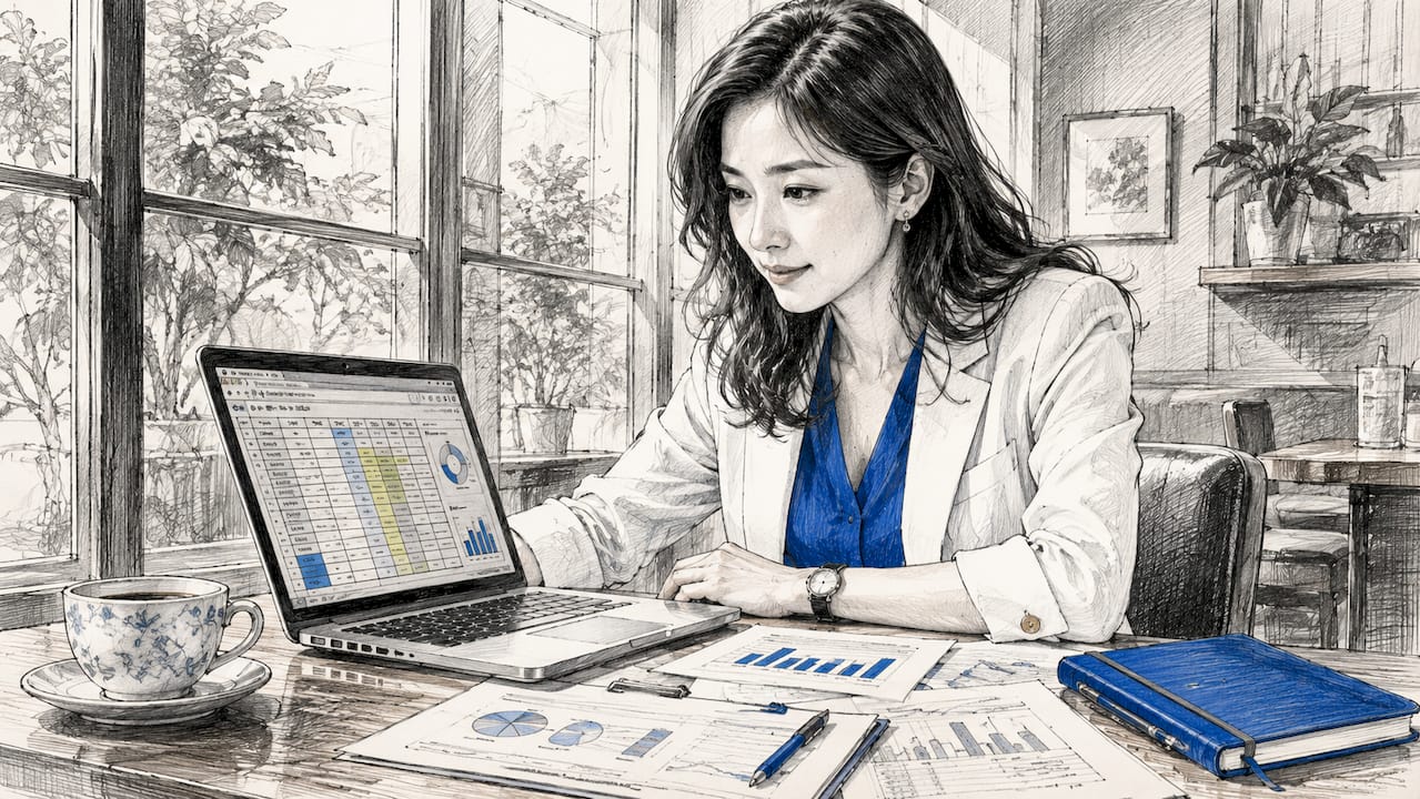 Female analyst reviewing data on laptop in office
