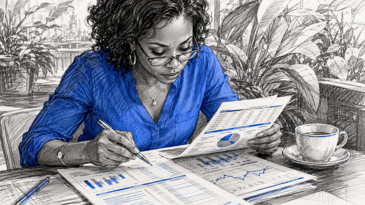 Woman reviewing printed search analytics reports
