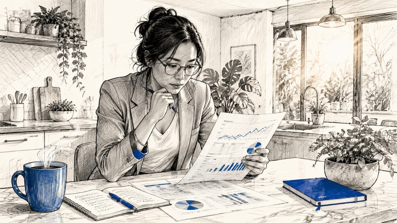 Analyst reviewing search data reports in office