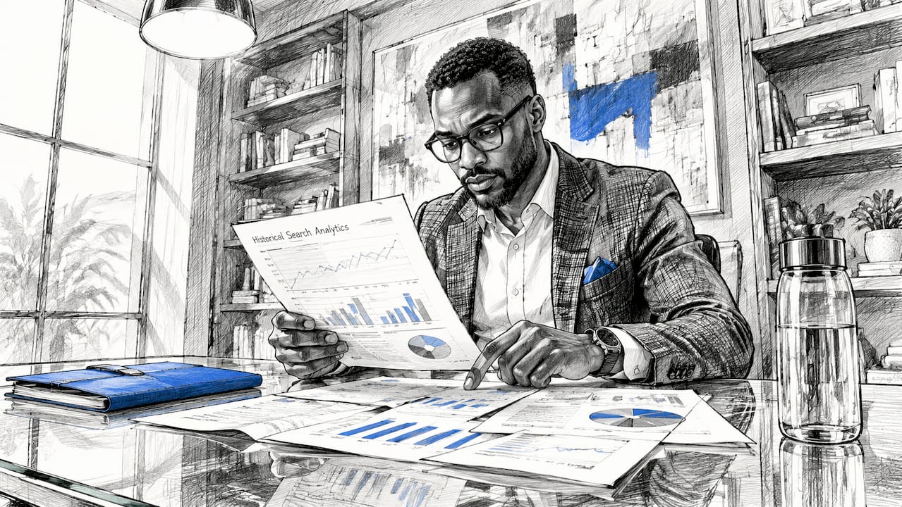 Analyst reviewing historical search analytics reports