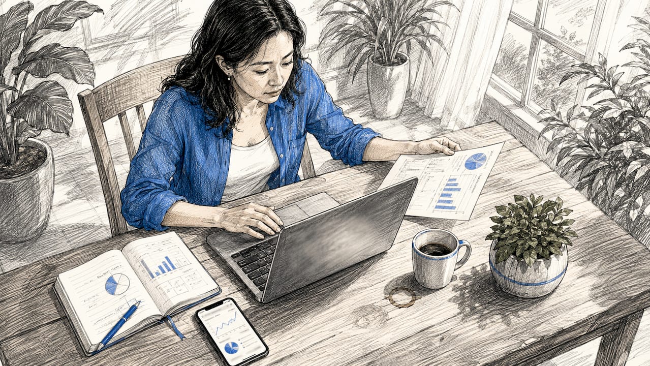 Woman researching SEO keywords at home office desk