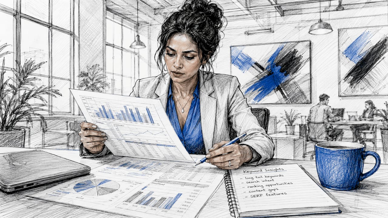 SEO analyst reviewing keyword data at home office