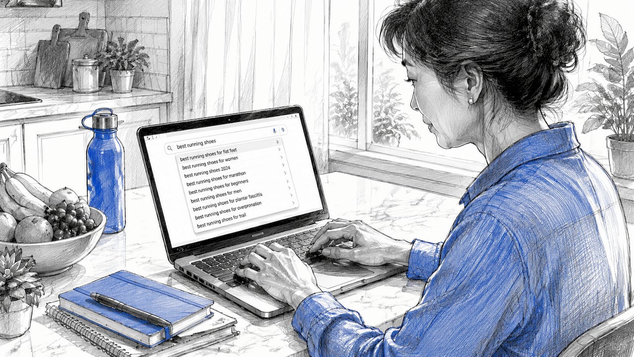 Woman typing laptop with predictive search suggestions