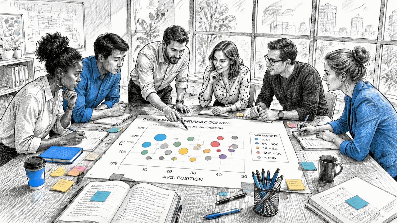 Hands interacting with bubble chart printout