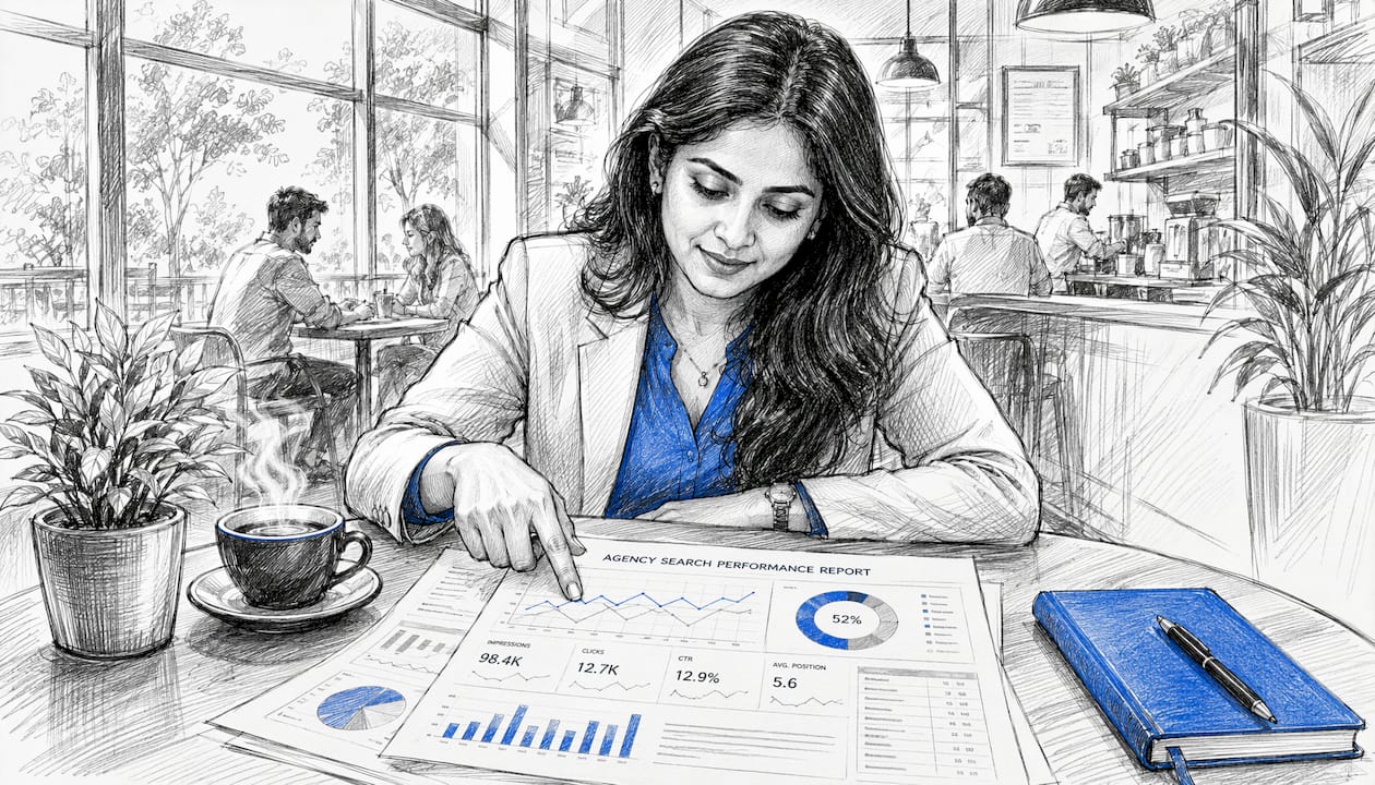 Woman reviewing printed search reports at desk