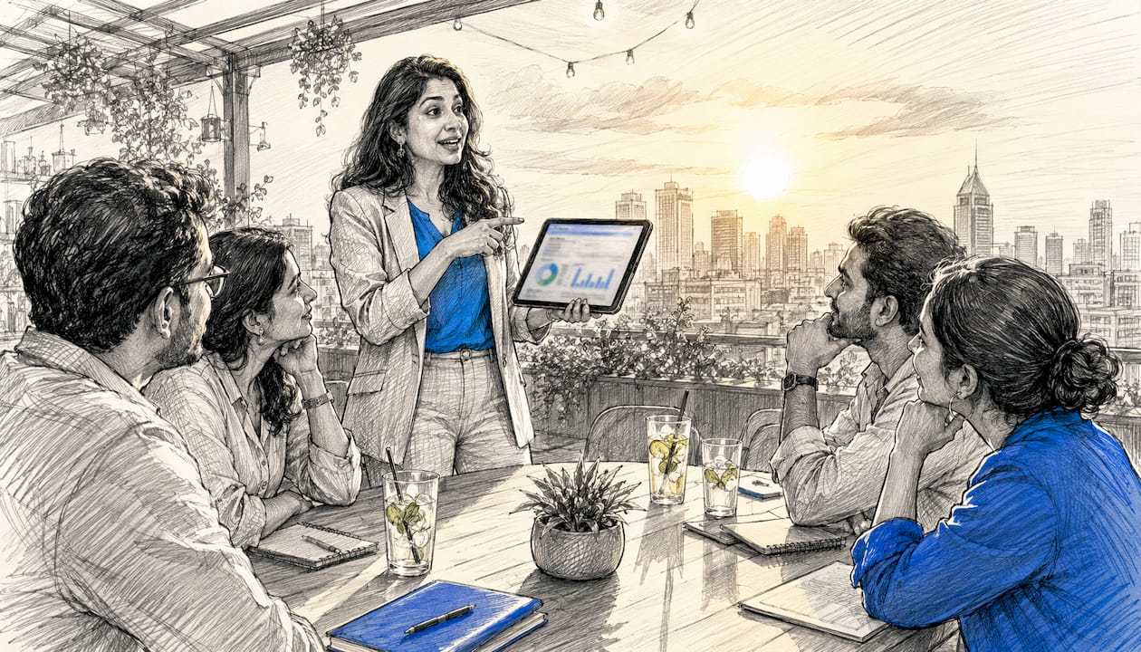 Professional woman showing KPI data on tablet in meeting