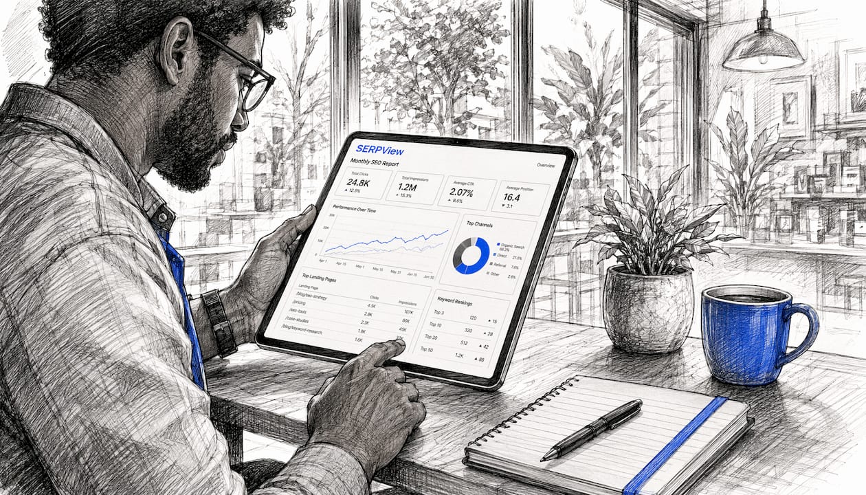Hands interacting with SEO dashboard tablet at home office