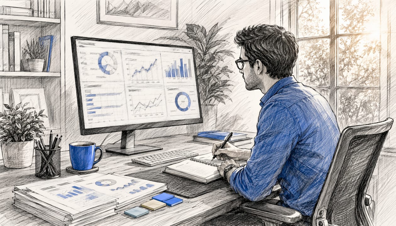 Professional reviewing keyword data at dual screens